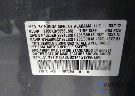 2012 Honda Pilot Ex-L from USA, damaged, VIN 5FNYF3H5XCB021415